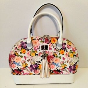 Faux Leather White Floral Print Zip Tassel Double Handle Shoulder Bag